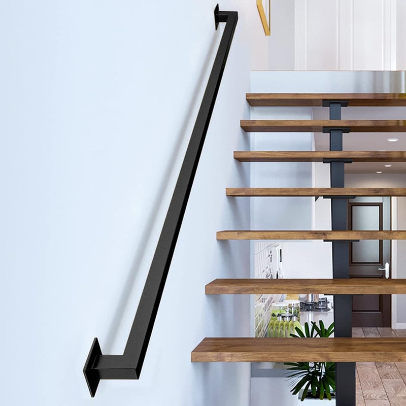 JuneFanwei 2FT Black Iron Hand Railing, Sturdy Safety Staircase Handrails Wall Mount, 500lbs Load Capacity Industrial Iron Railing Pipe Handrail for Indoor Stairs Outdoor Deck Loft Porch, Non-Slip and Rust - Image 1